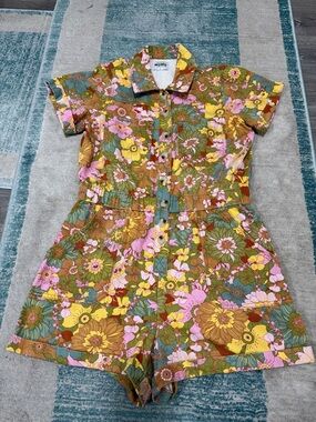 Show Me Your MuMu Denim Groovy Blossoms Floral Jumpsuit Romper Large